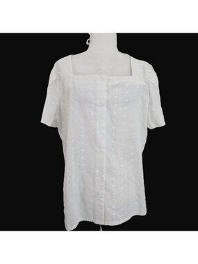 VTG 90s Ms Bond White Eyelet Square Neck Button UpTulip Sleeve Top Women 8/10
